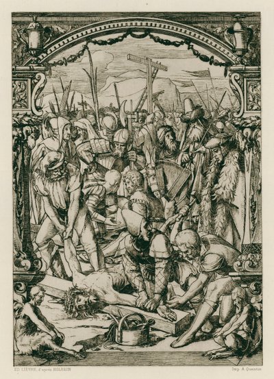 Jezus Christus, genageld aan het kruis (gravure) door Hans (after) Holbein the Younger
