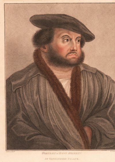 Zelfportret van de kunstenaar Hans Holbein in Kensington Palace.,1812 (gravure) door Hans (after) Holbein the Younger