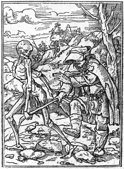 De simulacra van de dood van Hans Holbein de Jongere (1497-1543): de blinde. De dood grijpt de stok van de blinde en fungeert als gids. Gravure. door Hans (after) Holbein the Younger
