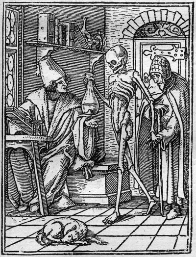 De simulaties van de dood van Hans Holbein de Jonge: de dokter. De Dood komt tussen de dokter en zijn patiënt. Gravure. door Hans (after) Holbein the Younger