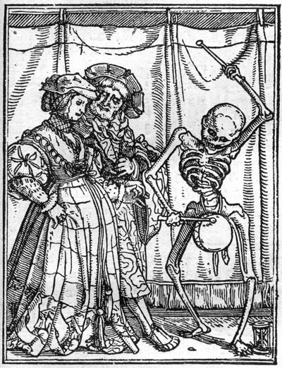 De simulacra van de dood van Hans Holbein de Jongere (1497-1543): de echtgenoten. De dood speelt de trommel voor een echtpaar. Gravure. door Hans (after) Holbein the Younger