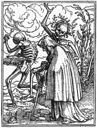 De simulacra van de dood van Hans Holbein de Jongere (1497-1543): de oude. De dood vergezelt een oude dame naar haar bestemming. Gravure. door Hans (after) Holbein the Younger