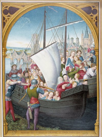 Landing van de maagden in Keulen en hun martelaarschap, naar schilderij van Sint-Ursula, Brugge, door Memling door Hans (after) Memling