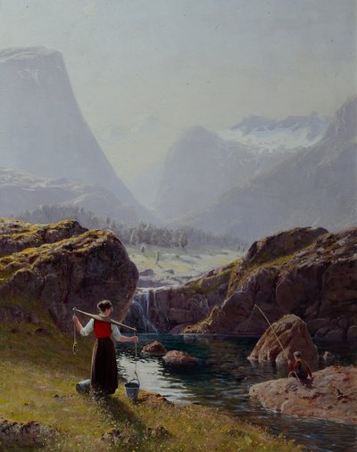 Meisje met emmers water en jongen die vist door Hans Andreas Dahl