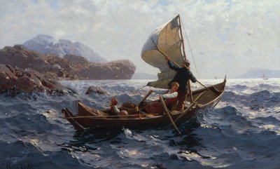 Vrouw, man en kind in een Oselver door Hans Andreas Dahl
