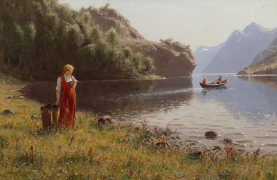 Vrouw in fjordlandschap door Hans Andreas Dahl