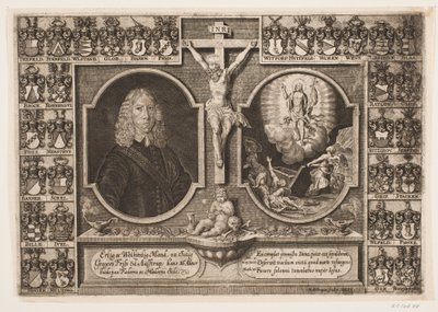 Gregers Friis naar Ålstrup en Christus aan het kruis en de Opstanding van Christus. Omgeven door wapenschilden door Hans Andreas Greys