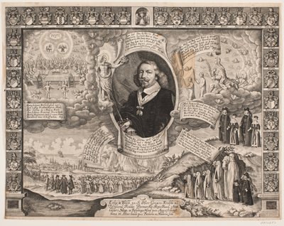Gregers Krabbe van Torstedlund omringd door allegorische voorstellingen en wapenschilden door Hans Andreas Greys