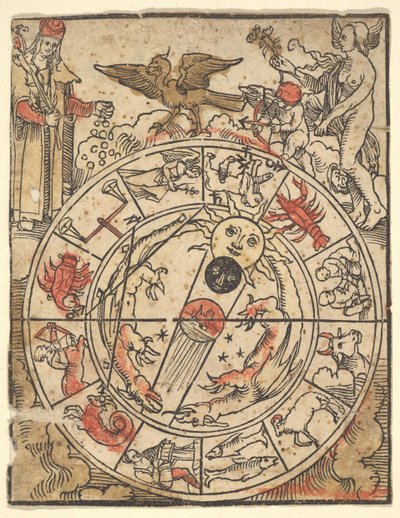 Kaart van de Tekens van de Dierenriem met Venus, Cupido en een Bisschop Heilige door Hans Baldung