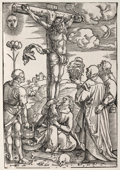 Christus aan het Kruis met Maria, St. Johannes, Maria Magdalena en St. Stefanus door Hans Baldung