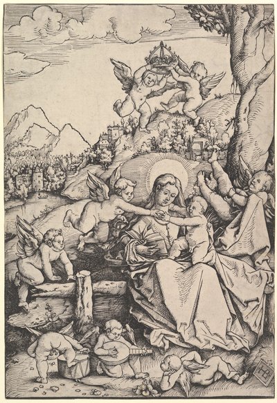 De Maagd en het Kind met Acht Engelen in een Landschap door Hans Baldung