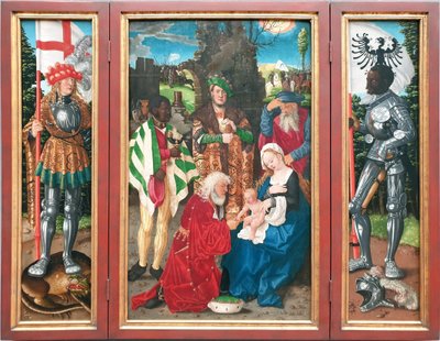 Drie koningen altaarstuk
Links: Sint Joris
Midden: De aanbidding der koningen

Rechts: Sint Mauritius door Hans Baldung Grien