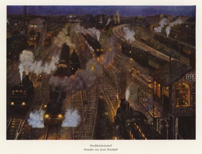 Treinstation van een grote stad door Hans Baluschek