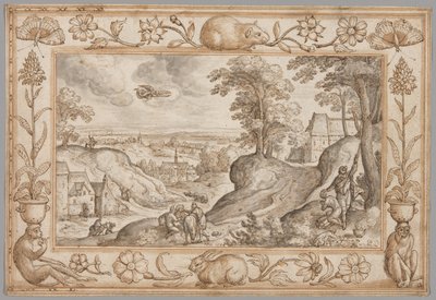 Landschap met het offer van Isaac binnen een decoratieve rand van planten en dieren door Hans Bol