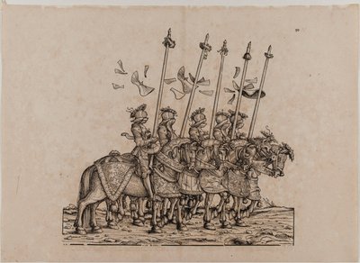 De triomf van keizer Maximiliaan I: Eenenvijftigste bord, deelnemers aan de Rennen door Hans Burgkmair