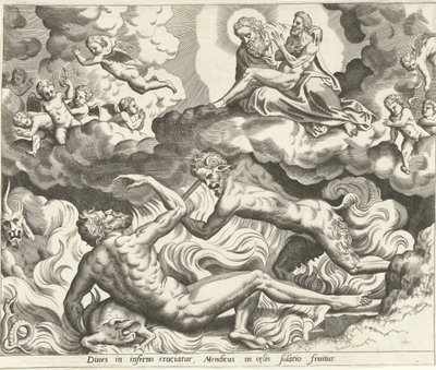 Lazarus in de hemel en de rijke man in de hel door Hans Collaert (I) (possibly)