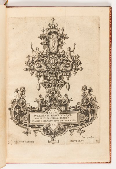 Plaat 1, Titelpagina uit een reeks van tien, getiteld Monilium Bullarum Inauriumque Artificiocissimae Icones, Ioannis Collaert Opus Postremum (Ontwerpen voor halskettingen, hangers en oorbellen van de hoogste vaardigheid, het laatste werk van Joannis Colla door Hans Collaert the Elder
