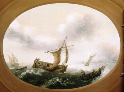 Nederlandse vissersboten gevangen in een grote bries, een kleinere boot, zeilen naar beneden, rechts, met vissers die de netten trekken door Hans Goderis