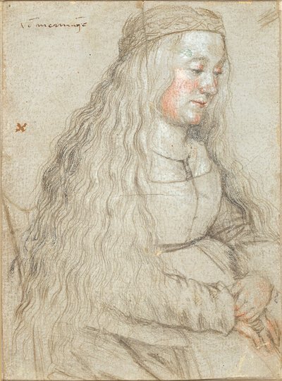 Zittende bruid met vloeiend haar en hoofdband door Hans Holbein d.Æ.
