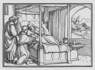 Jakob bedriegt zijn vader en verkrijgt de zegen, Genesis XXVII, 21 door Hans Holbein der Jüngere