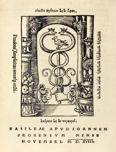 Drukkersmerk van Johann Frobens met de caduceus door Hans Holbein der Jüngere