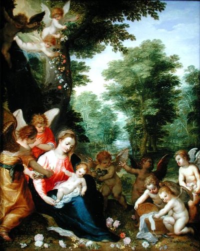 Madonna en kind met engelen in een landschap door Hans I or Johann Rottenhammer