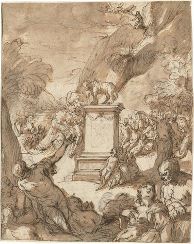 De aanbidding van het Gouden Kalf door Hans I or Johann Rottenhammer
