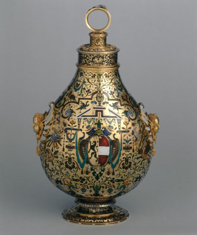 Fles in geëmailleerd goud versierd met groteske figuren en met het wapen van de aartsbisschop van Salzburg Wolf Dietrich von Raitenau door Hans Karl