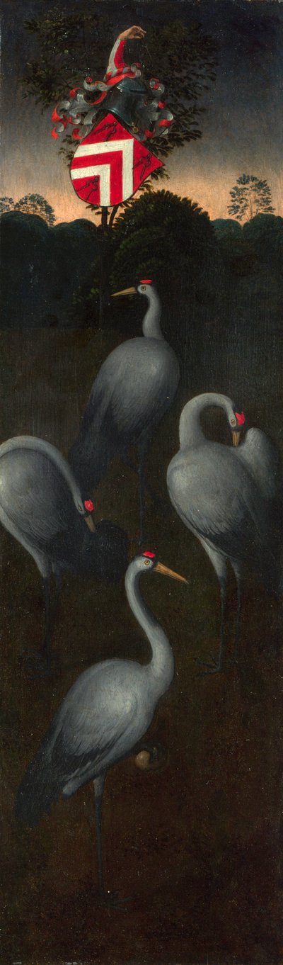 Kraanvogels met het wapen van de familie Pagagnotti De achterkant van een Paneel van een Drieluik, ca. 1480 door Hans Memling