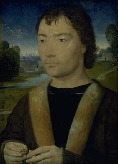 Portret van een Jonge Man met een Rozenkrans door Hans Memling