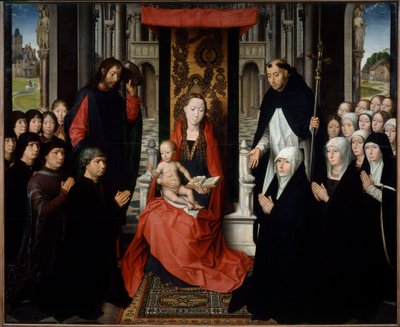 De Maagd en het Kind tussen Sint Jacobus en Sint Dominica die schenkers presenteren door Hans Memling