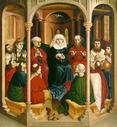 De nederdaling van de Heilige Geest Pinksteren. De vleugels van het Wurzach-altaar, 1437 door Hans Multscher