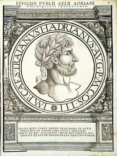 Aelius Hadrianus, illustratie uit Imperatorum romanorum omnium orientalium et occidentalium verissimae imagines ex antiquis numismatis, houtsnede door Rudolph Wyssenbach, gedrukt door Andreas Gesner, Zürich door Hans Rudolf Manuel Deutsch