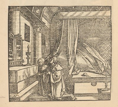 Twee biddende mensen in een slaapkamer door Hans Schäufelein (possibly)