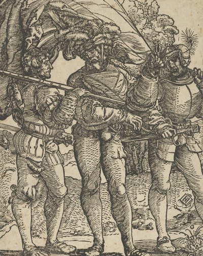 Een vaandeldrager geflankeerd door een lansquenet aan elke kant kopie door Hans Schäufelein the Elder