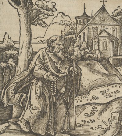 Een oude pelgrim die naar rechts loopt, uit Hymmelwagen auff dem, wer wol leeft... door Hans Schäufelein the Elder