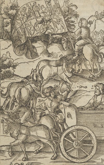 De Deugdzame Man op een Wagen op Weg naar de Hemel, uit Hymmelwagen auff dem, wer wol leb... door Hans Schäufelein the Elder