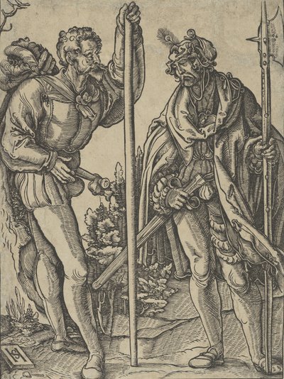 Twee soldaten met lans en hellebaard in gesprek, ca. 1515 door Hans Schäufelein the Elder