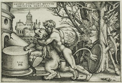Hercules en de Nemeïsche leeuw, uit De werken van Hercules door Hans Sebald Beham