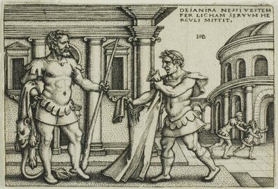 Lichas die het kleed van Nessus naar Hercules brengt, uit De werken van Hercules door Hans Sebald Beham