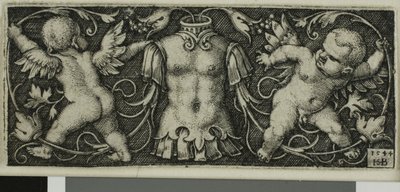 Ornament met wapenrusting en twee genii, uit Vier Vignetten door Hans Sebald Beham