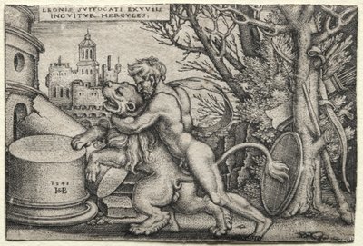 De Werken van Hercules: Hercules Wurgt de Nemeïsche Leeuw door Hans Sebald Beham