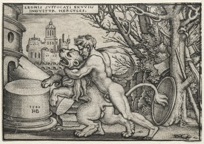 De werken van Hercules: Hercules wurgt de Nemeïsche leeuw, 1548 door Hans Sebald Beham
