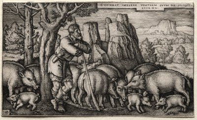 De verloren zoon: Varkens hoeden door Hans Sebald Beham