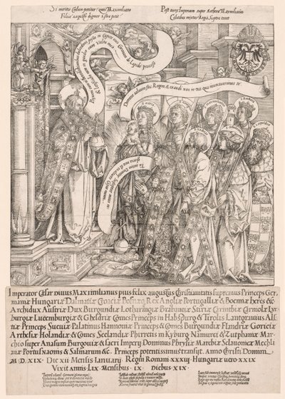 Maximiliaan Gepresenteerd door Zijn Beschermheiligen aan de Almachtige door Hans Springinklee