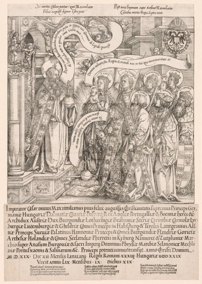 Maximiliaan gepresenteerd door zijn patroonheiligen aan de Almachtige (1519) door Hans Springinklee
