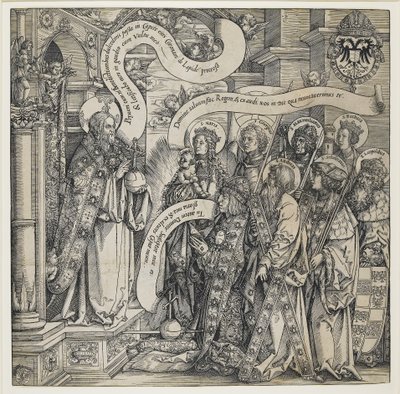 Maximiliaan gepresenteerd door zijn beschermheiligen aan de Almachtige, 1519 door Hans Springinklee