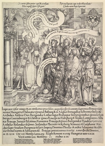 Maximiliaan gepresenteerd door zijn beschermheiligen aan de Almachtige, 1519 door Hans Springinklee