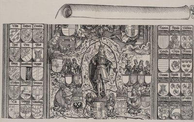 Het bovenste gedeelte van de genealogie van Maximiliaan, met de rechterrand van de rol door Hans Springinklee