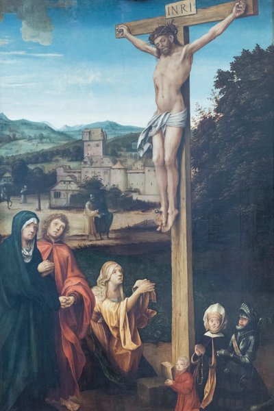 Christus gekruisigd met Maria, Sint Johannes, Sint Maria Magdalena en beschermheren door Hans Suess Kulmbach